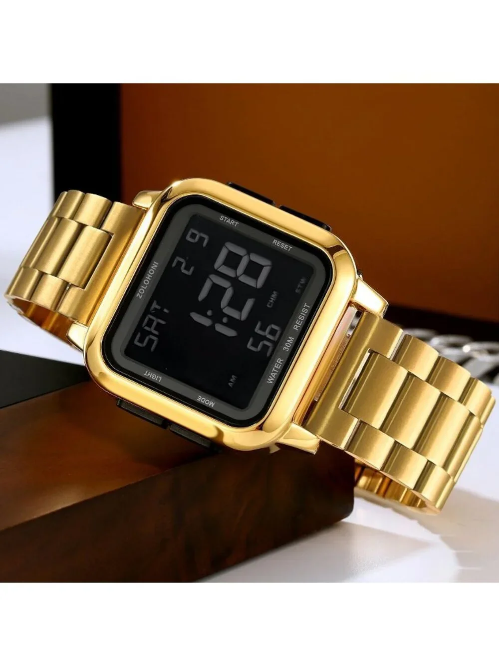 Men's Gold Black Analog Quartz Stainless Steel Waterproof Square Digital Watch